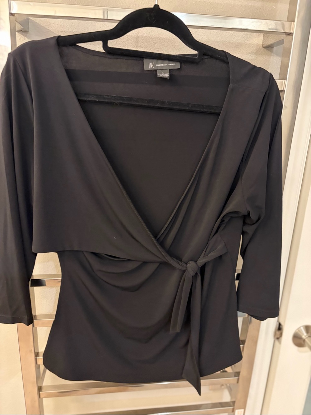 INC International Concepts Black Wrap-Front 3/4 Sleeve Top
